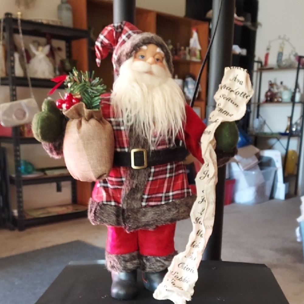 19 Inch Santa Claus With Naughty & Nice List And Bag Of Presents Plaid Jacket